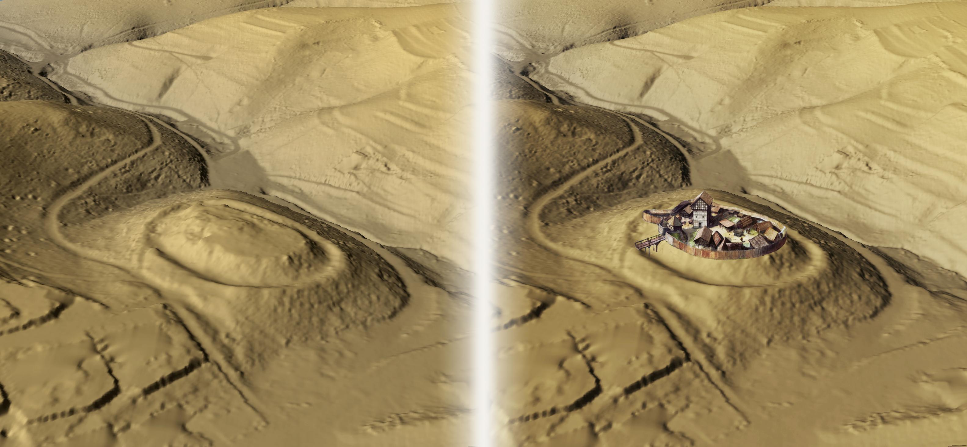 Das Digitale Geländemodell macht deutlich, wie sich die Ketzelburg in die Landschaft einfügt. Geobasisinformation: Bayerische Vermessungsverwaltung. Bearbeiter: Dr. Jürgen Jung, Spessart-GIS