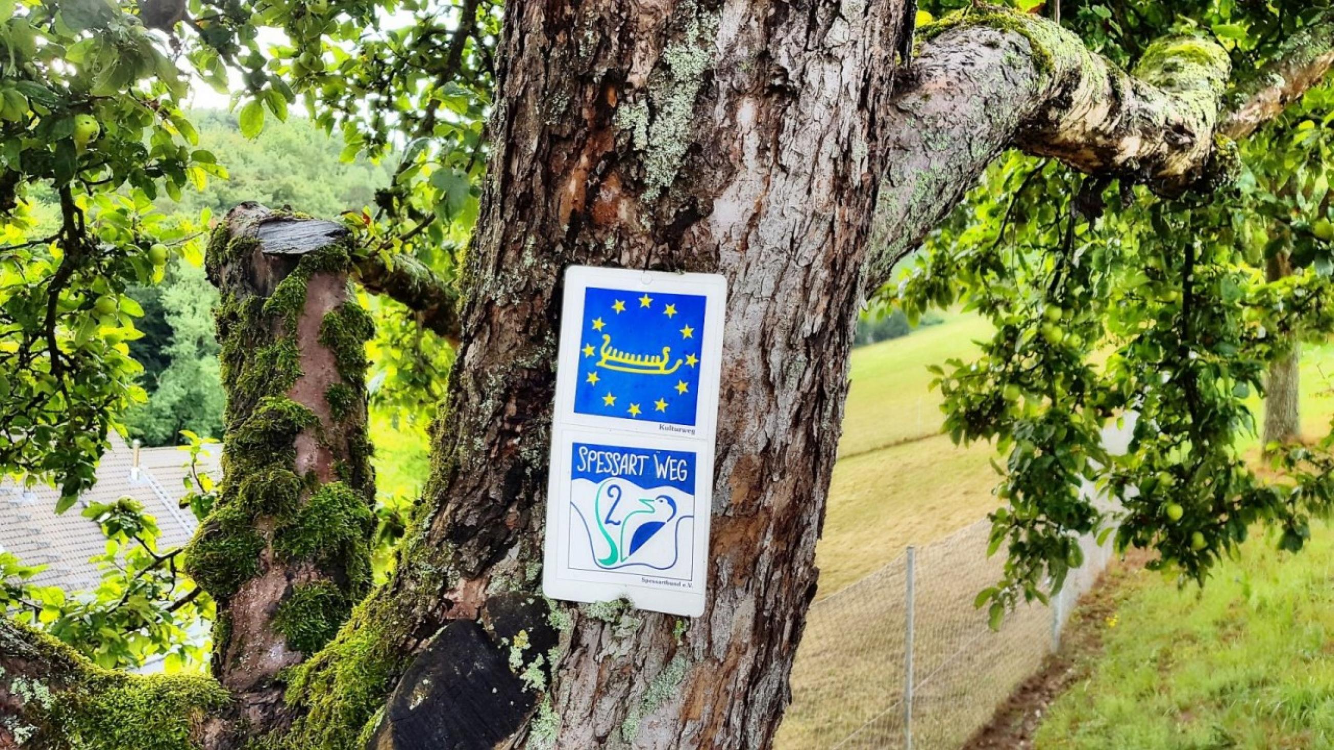 Beschilderung entlang des „Alten Schulwegs“: oben Europäischer Kulturweg, unten Spessartweg 2 © Touristikverband e.V. RÄUBERLAND / Best of Wandern / Jörg Thamer