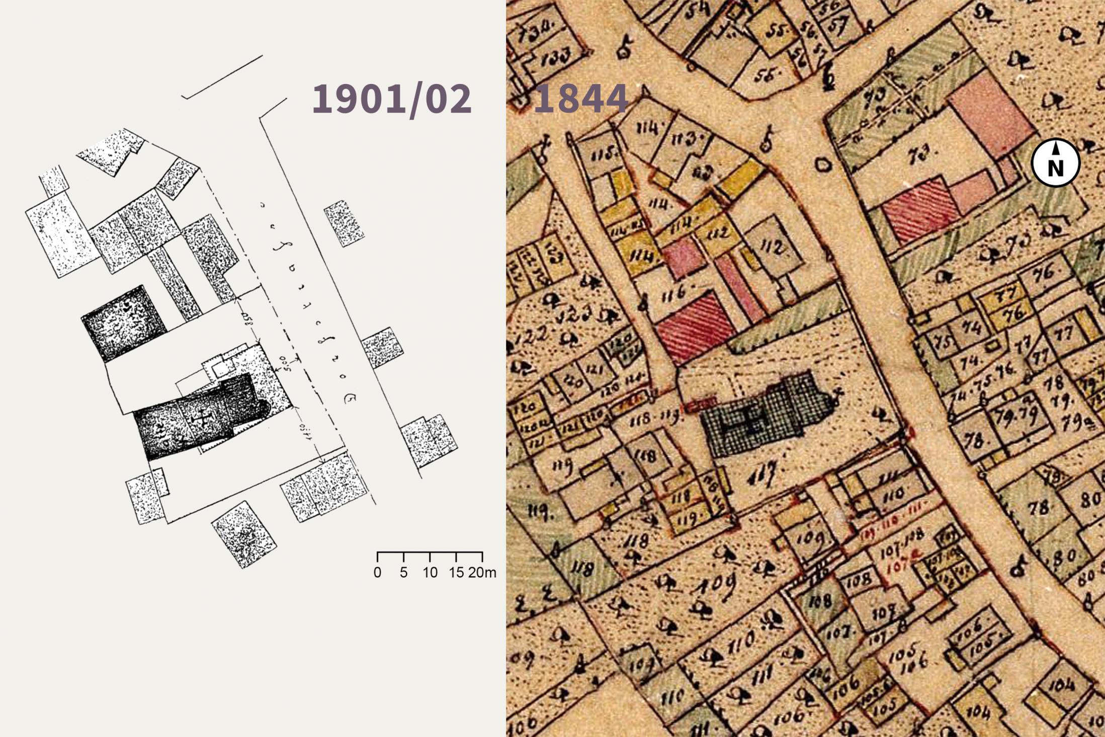 Die Grundrisspläne der zweiten Vituskirche: Urkataster 1844 (rechts) und Planskizze 1901/02 (links). Quellen: Bayerische Vermessungsverwaltung und Veh 1995, S. 61