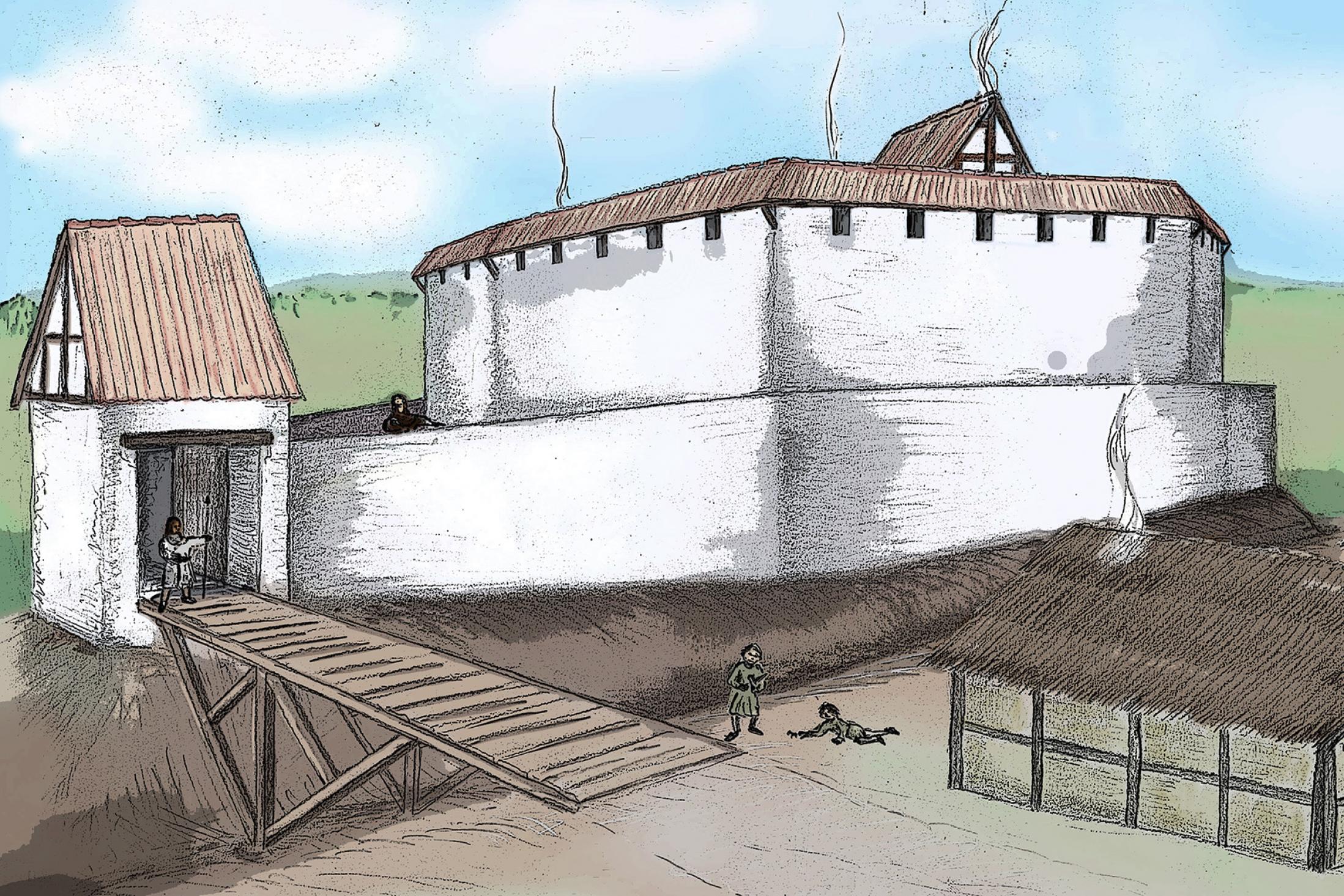 So könnte das Alte Schloss um 1260 von Osten (Vorburg) ausgesehen haben. Rekonstruktionszeichnung: Jürgen Jung.