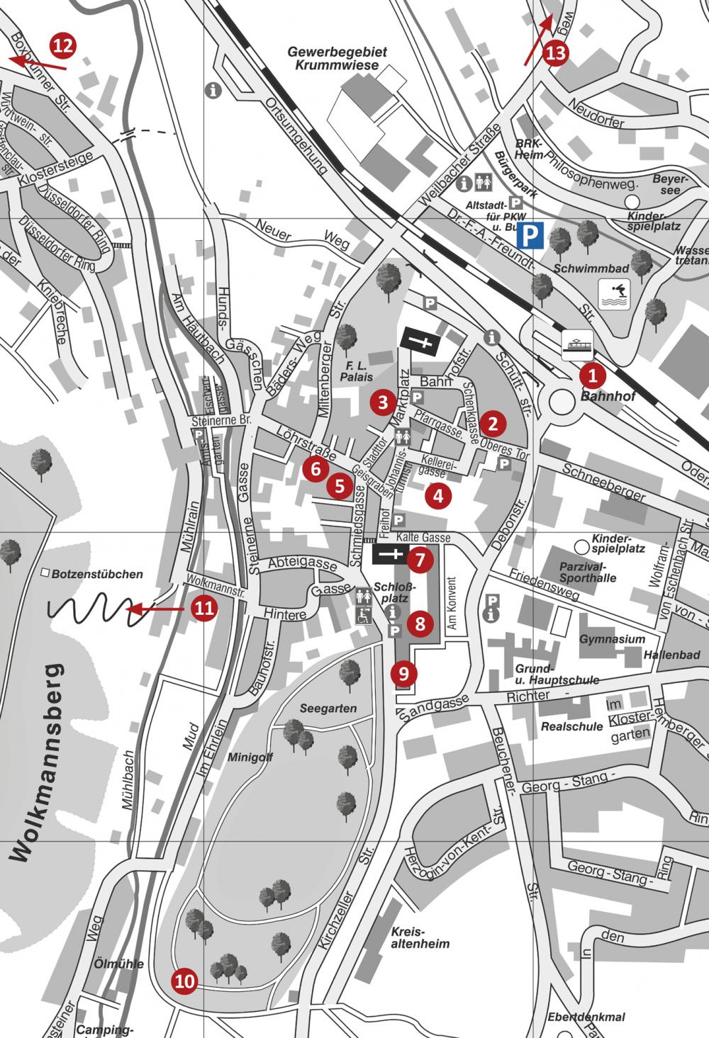 Stationen, Rundgang durch Adornos Amorbach © Vorlage Stadtplan Mike Bauersachs