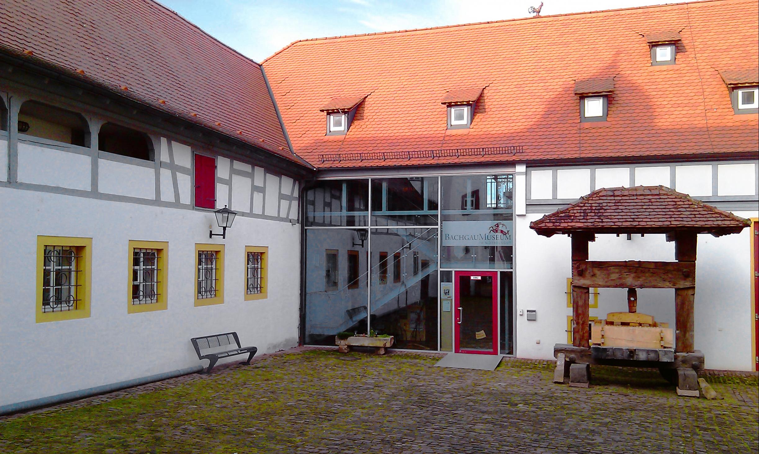 Der Eingang ins Bachgaumuseum wird von einer Weinpresse flankiert. © Michael Abb