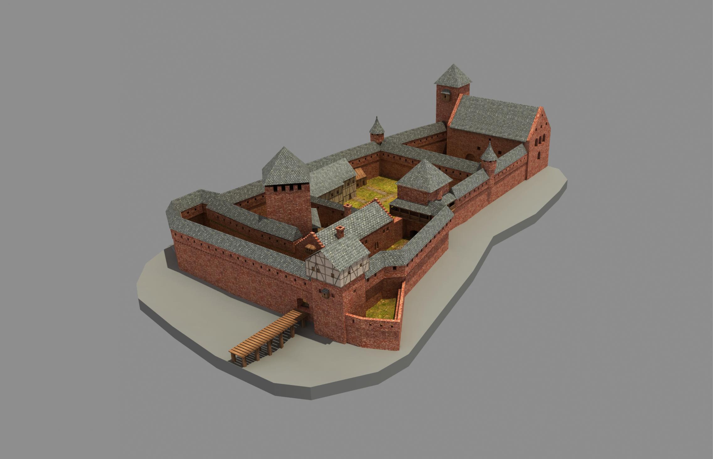 Mit Dächern wird 'ne Burg draus... isometrische Darstellung der rekonstruierten Burggebäude. Abbildung: Burglandschaft