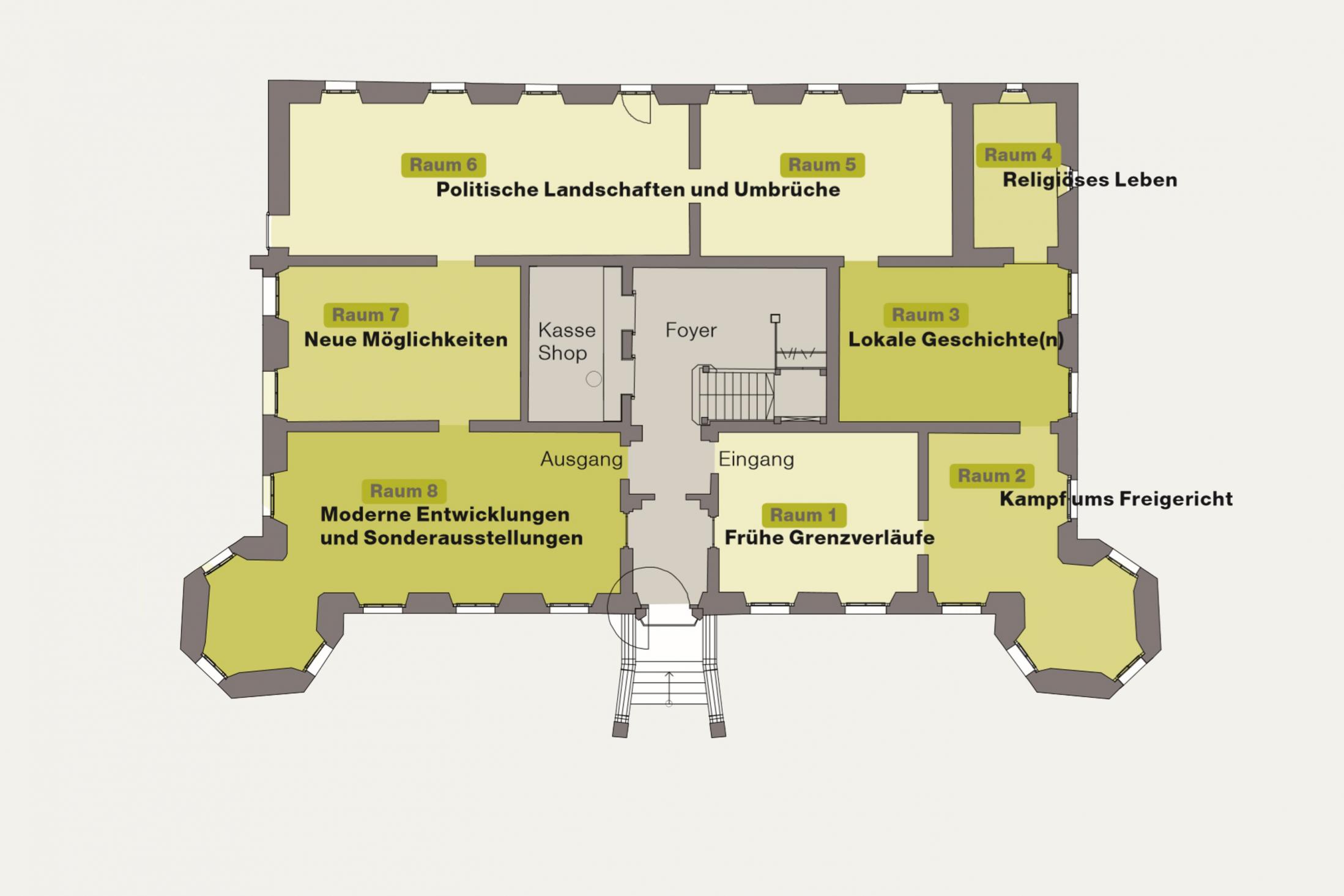 Grundriss des Erdgeschosses mit Raumplan des Museums. Grafik: Frankonzept Würzburg. Bearbeitung: Burglandschaft