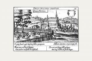 'Schlos Protzel' von der gegenüberliegenden Mainseite (Osten), Stich um 1600. Aus: Daniel Meisner/Eberhard Kieser: Politisches Schatzkästlein, Buch 2, Teil 4, Tafel 39. Frankfurt/Main 1630.