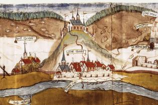 Die älteste detaillierte Darstellung Stadtprozeltens in einer Wertheimer Geleitkarte von 1593. Staatsarchiv Wertheim R-K Nr. 5950. Bearbeitung: LAG Main4Eck