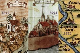 Collage der drei ältesten Abbildungen Dorfprozeltens: Pfinzingkarte 1562/94 (rechts), Wertheimer Geleitkarte 1593 (Mitte), Rüd von Collenberg'sche Jagdgrenzkarte 1612 (links). Bearbeitung: LAG Main4Eck