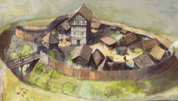 So ähnlich stellen sich die Ausgräber die größtenteils hölzerne Burg im 12. Jahrhundert vor. Zeichnung: Christian Meyer zu Ermgassen. Quelle: Die Ketzelburg in Haibach (2006) Farb-Abb. 15