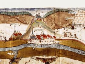 Die älteste detaillierte Darstellung Stadtprozeltens in einer Wertheimer Geleitkarte von 1593. Staatsarchiv Wertheim R-K Nr. 5950. Bearbeitung: LAG Main4Eck