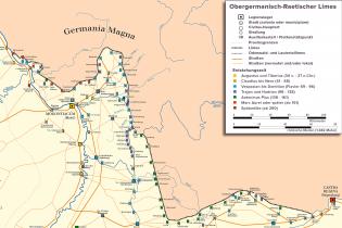 Kartierung des Obergermanisch-Raetischen Limes. Karte: ziegelbrenner, Wikimedia Commons, CC-BY-SA-3.0. Bearbeitung: LAG Main4Eck.